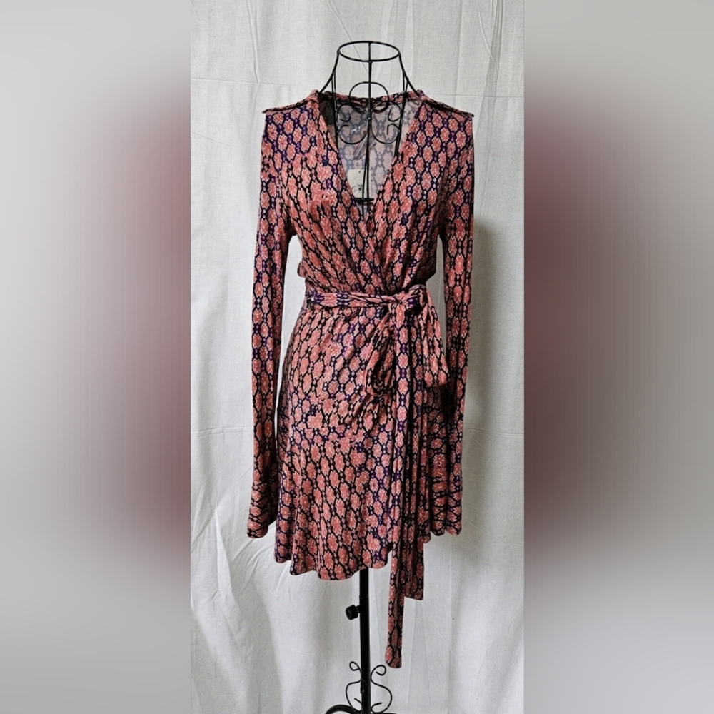Free People Junior's Wrap Dress Geometric Pattern Pink & Blue XS